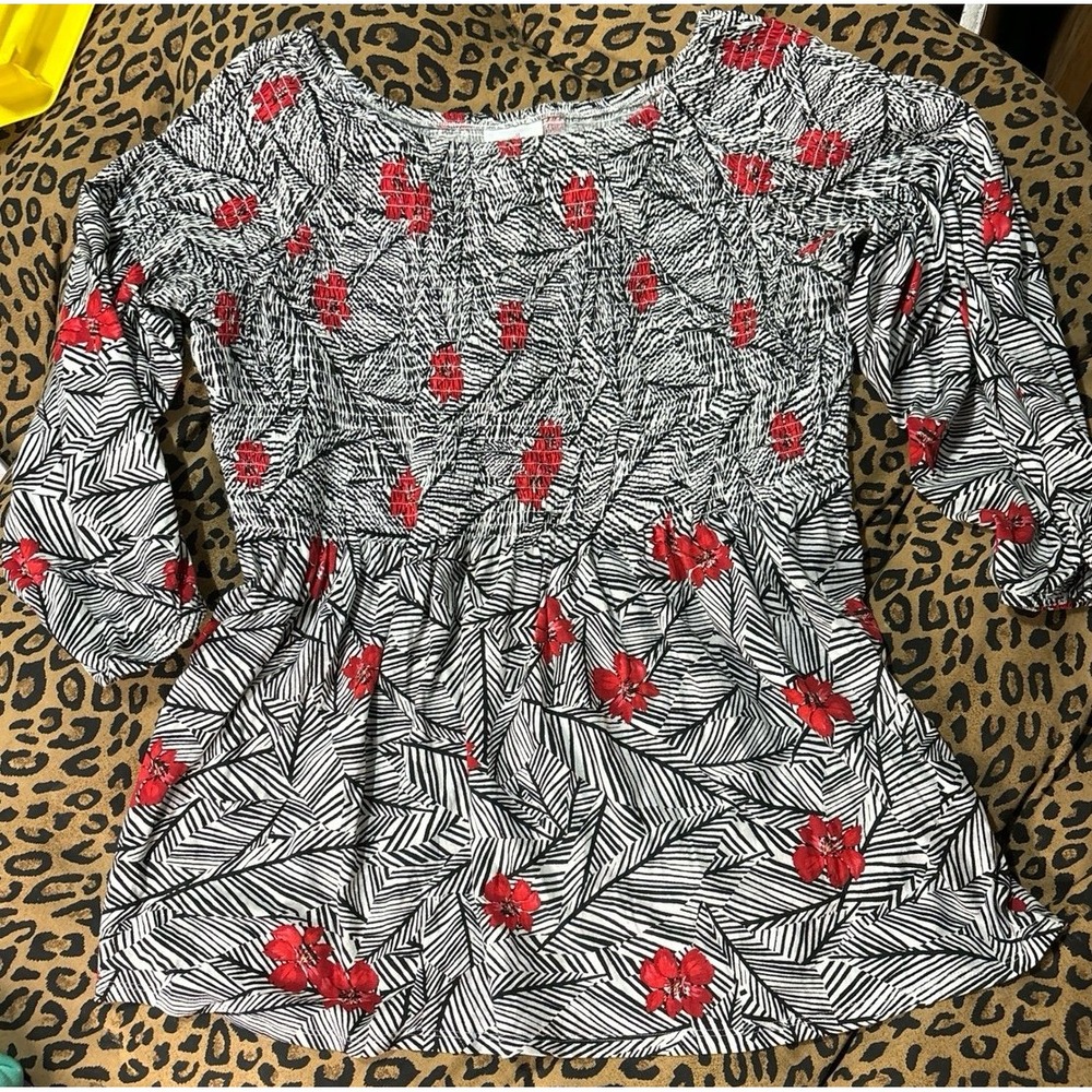 J.‎ Jill Black/White/Red Floral Print 3/4 Sleeve Shirred Upper Blouse, Large